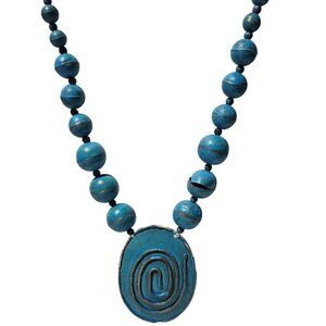 Retro Handcrafted Blue Chunky Beaded Necklace Spiral Pendant Statement Jewelry